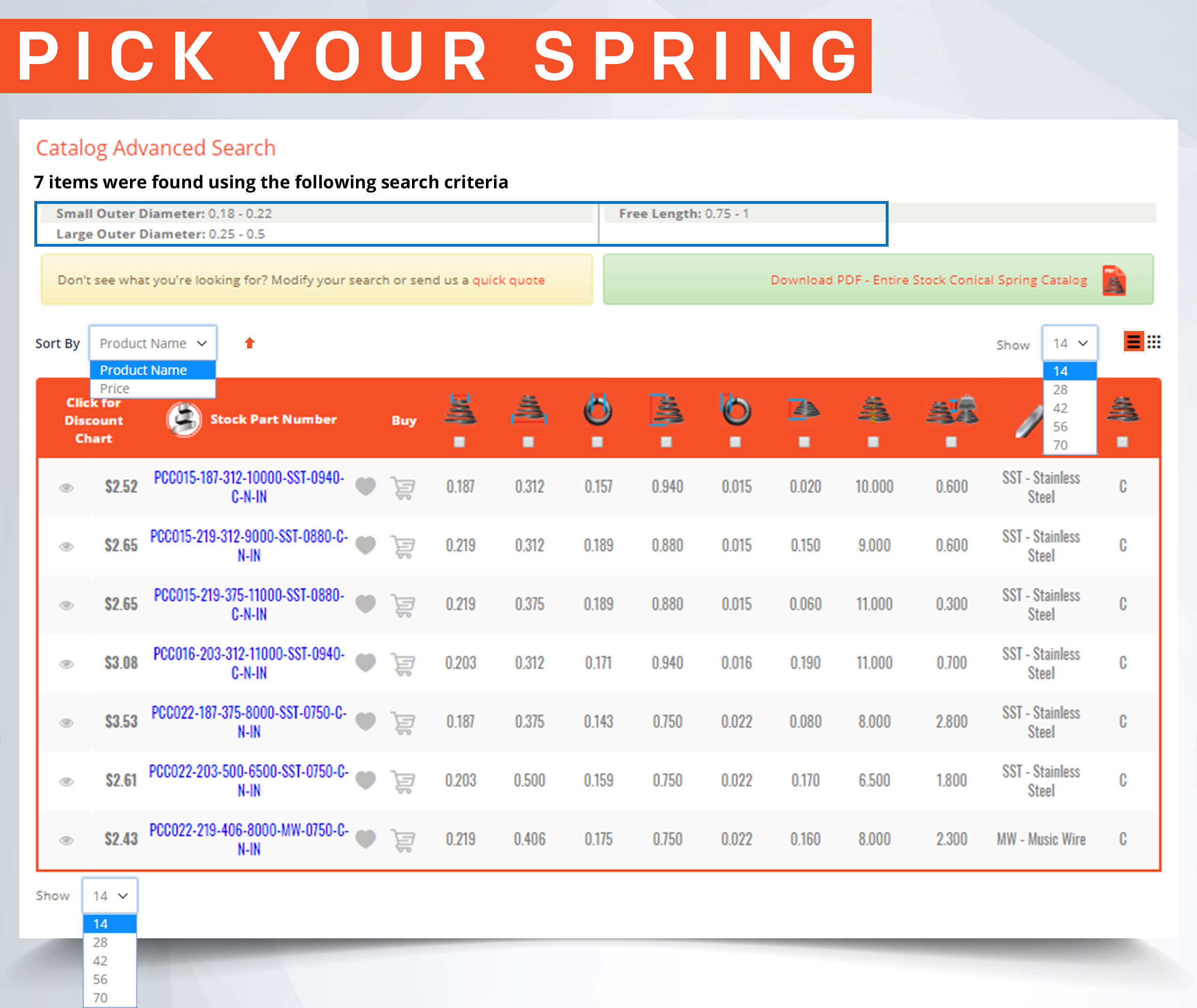 step 2 to buy tapered cone springs online: choose you springs