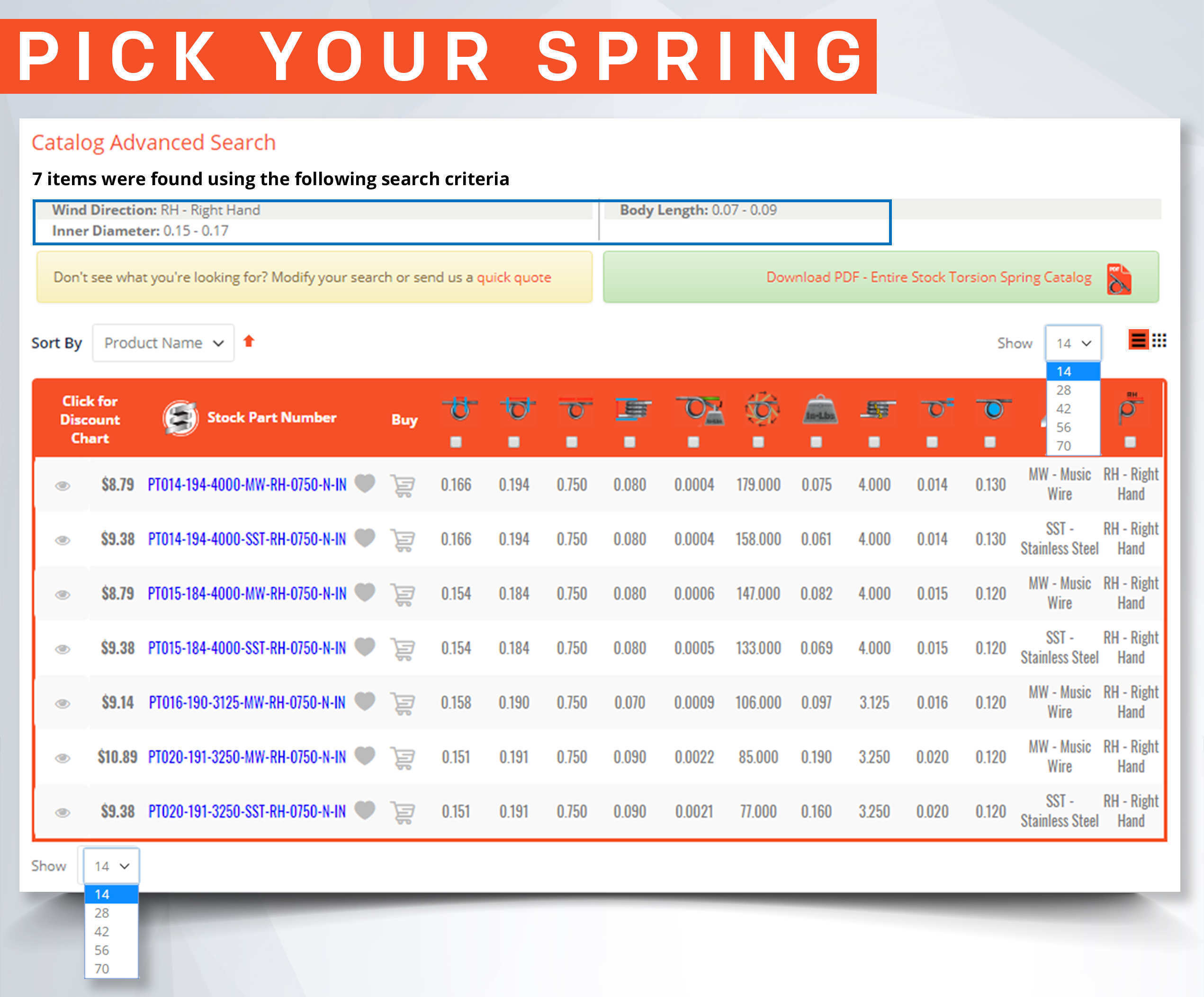 buy torsion springs online, step 2, choose your springs