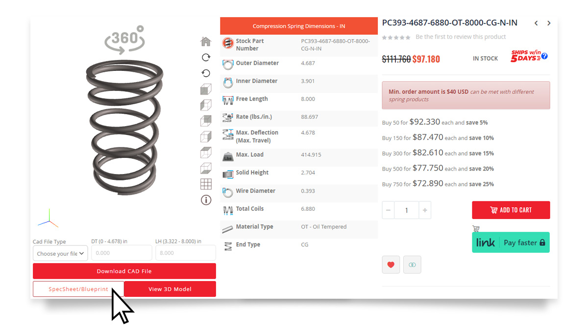 Specsheet blueprint product page compression spring